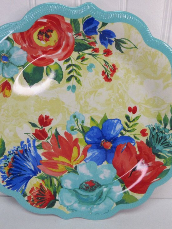 Set of 4 Pioneer Woman Dinner Plates Delaney Floral Melamine Teal 10.7 dia